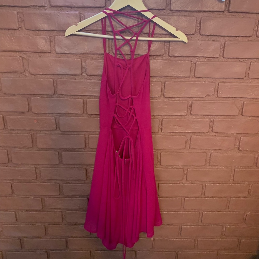 Fuchsia lace back mini dress